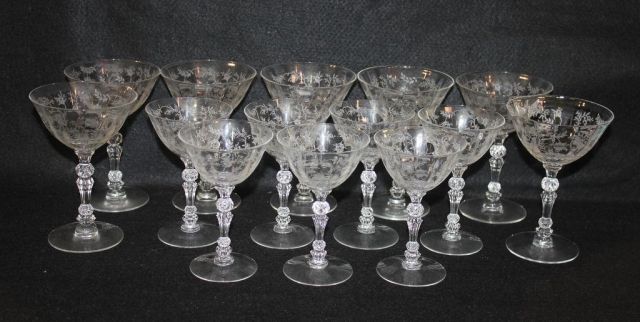 Set of Fourteen Elegant Rose Etched Glasses