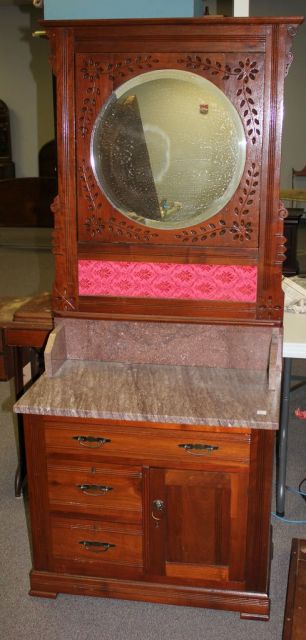 Walnut Eastlake Washstand with Brown Marble Top, Backsplash and Round Mirror