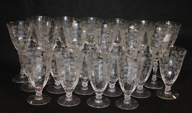 Set of Twenty Two Elegant Rose Etched Glasses