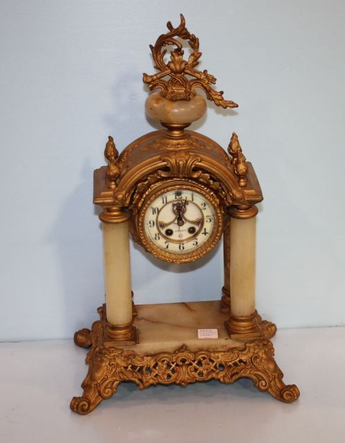William Gilbert Clock Company Onyx and Painted Metal French Design Mantel Clock