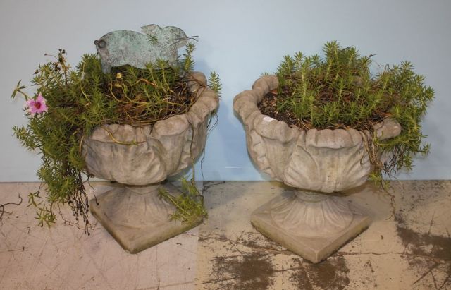 Pair of Leaf Carved Concrete Urns