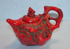 Carved Chinese Red Coral Teapot with Monkey on Lid