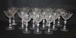 Set of Fourteen Elegant Rose Etched Glasses