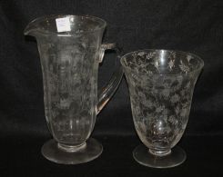 Large Etched Glass Water Pitcher and Vase