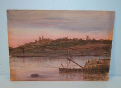 Watercolor and Color Pencil Drawing of Boat at Dock, signed L.L.
