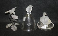 Signed Lalique Bell, Signed Lalique Swan and a Satin Glass Hummingbird
