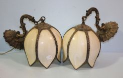Pair of Vintage Brass Wall Sconces with Slag Glass Panels in Tulip Shape