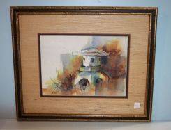 Watercolor of Pagoda, signed Eleonore Hughes