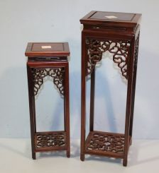 Two Hand Carved Wood Oriental Design Vase Stands