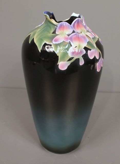 Pavillion Limoge Marked Franz Cobalt Blue Vase with Purple Wisteria