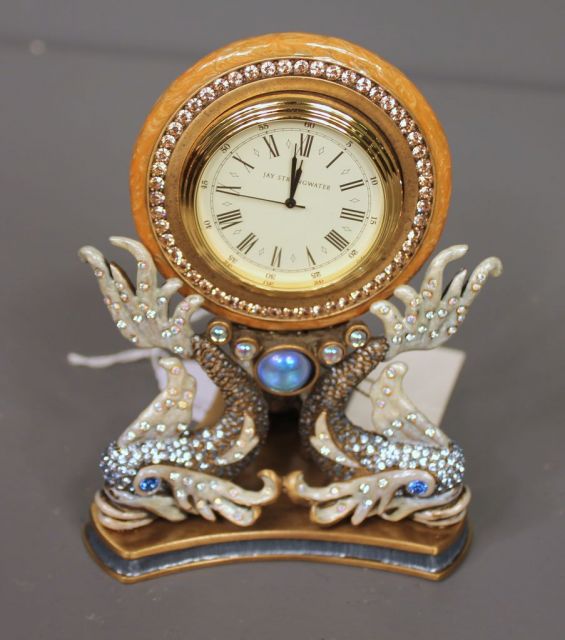 Jay Stongwater Limited Edition Enamel and Crystal Oriental Fish Shelf Clock
