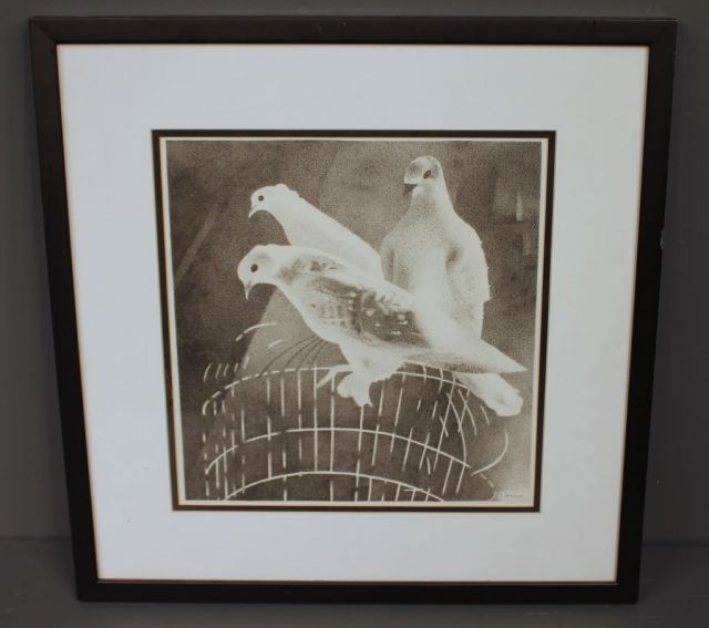 Print in Black and White of Three doves signed John Gibson