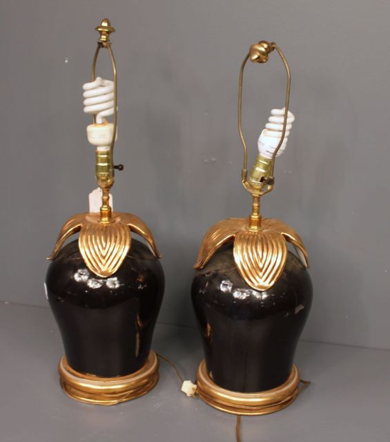 Pair of Porcelain Black and Gold Lamps