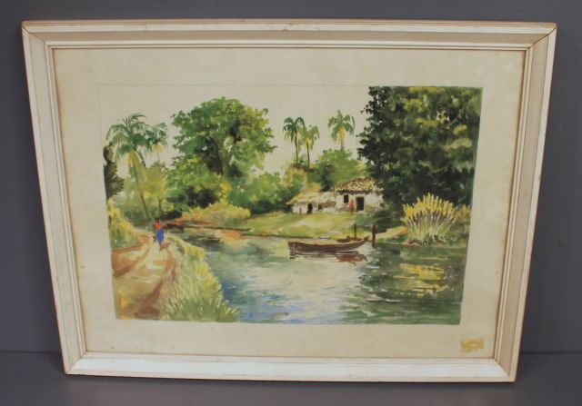 Signed Watercolor of Palm Trees, River and Village People