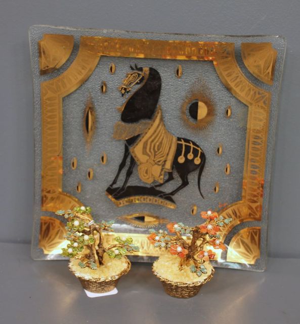 Glass Tray with Horse and Gold Trim along with Pair of Small Stone Trees