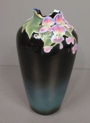 Pavillion Limoge Marked Franz Cobalt Blue Vase with Purple Wisteria