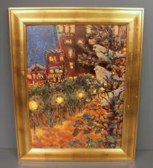 Painting of Moonlit Path with Trees and Buildings signed Toni Spink