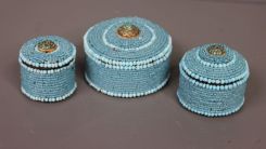 Set of Three Blue Beaded Round Boxes with Enamel Buttons on Lid
