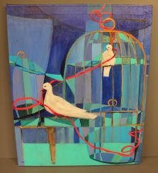 Painting in Blue with Two White Doves signed Margo Thomas