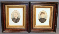Pair of 20th Century Watercolors of Gent and Lady in Walnut Shadowbox Style Frame