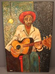 Large Painting of African American Man with Guitar by Toni Spinks