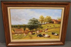Large Painting of English Countryside with Cows in Faux Wood Frame