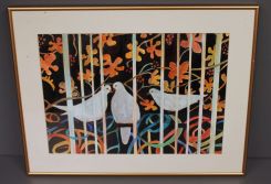 Watercolor of Three White Pigeons signed Margo Thomas