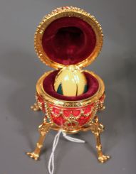 Faberge Red Enamel with Gold Decoration, Opens with Enamel Rose Bud Inside