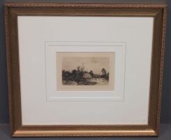 European Black and White Etching of English Countryside Farm and Pond
