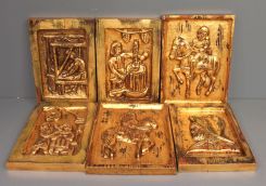 Six Wood Carved Scenes with Gold Highlighted Wall Plaques