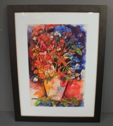 Watercolor in Vivid Colors of Rose Buds in Vase