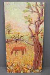 Painting of Horse in the Pasture by a Tree signed Toni Spink
