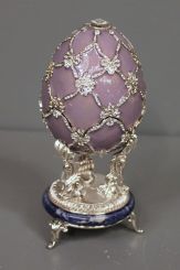 Faberge Purple Enamel Egg with Silver Decoration on Stand, Opens with Swan Inside