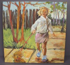 Painting of Young Girl Walking a Dog