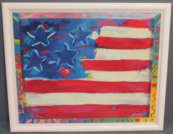 Colorful Contemporary Print of American Flag in White Frame