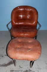 Faded Leather and Chrome Chair with Ottoman