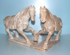 Pair Antique Polychrome Wood Horse Sculptures
