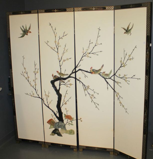 Oriental Black Lacquer Four Panel Screen