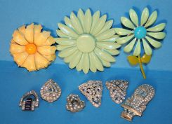 Miscellaneous Lot of Costume Jewelry Rhinestone Parts and Three Enamel Broaches