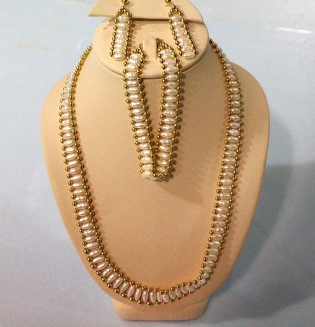 Set of Matching Gold and Fresh Water Pearl Necklace, Bracelet & Earrings