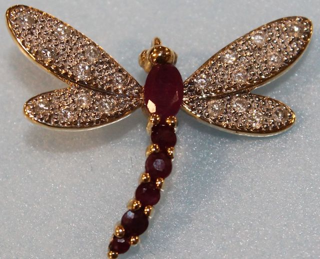 14K Yellow Gold, Diamond and Ruby Dragonfly Pendant