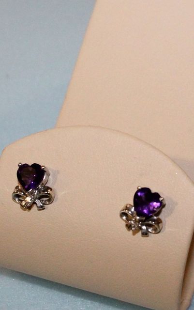 Pair 14K Amethyst, White Gold Heart Earrings; 1.00d