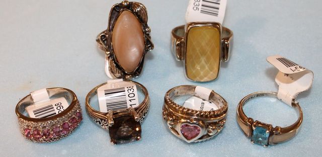 Six Sterling Silver Rings With Various Gemstones