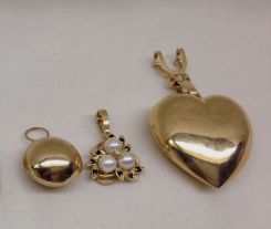 14K Round Gold Drop, Heart Shaped Drop, and Pearl, Diamond and Sapphire Drop Pendants