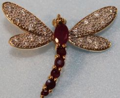 14K Yellow Gold, Diamond and Ruby Dragonfly Pendant