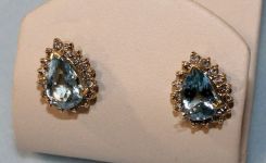 Pair 14K Blue Topaz and Diamond Earrings