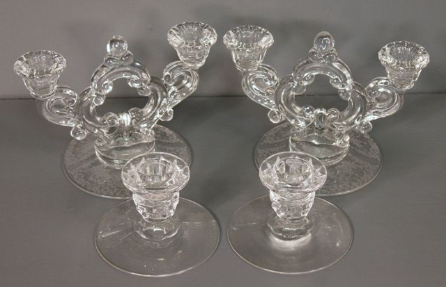 Pair of Elegant Glass Candlesticks and Another Pair of Glass Sticks