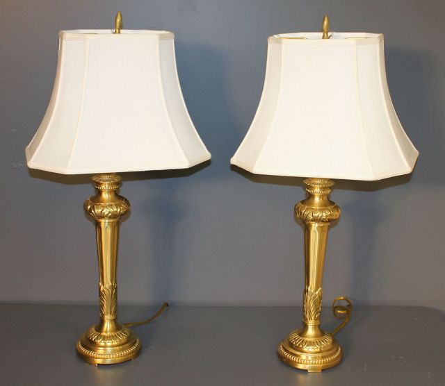 Pair of Satin Brass Contemporary Lamps with Shades