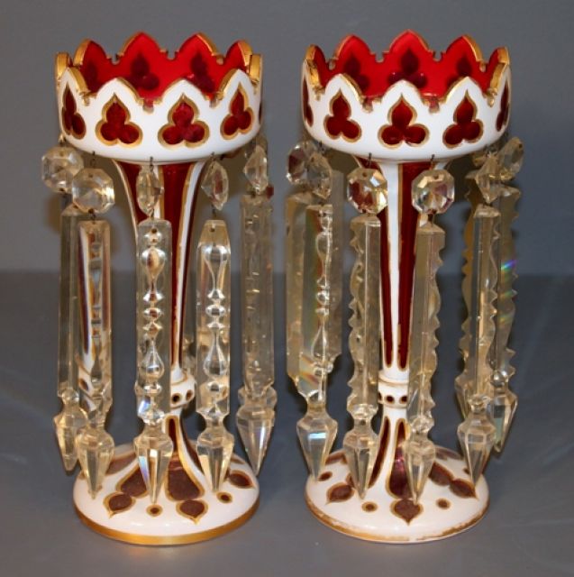 Pair of Mid 19th Century Victorian Cranberry Glass Lusters