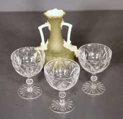 Set of Three Webb Cut Glass Champagne Glasses and Green Wedgwood Vase